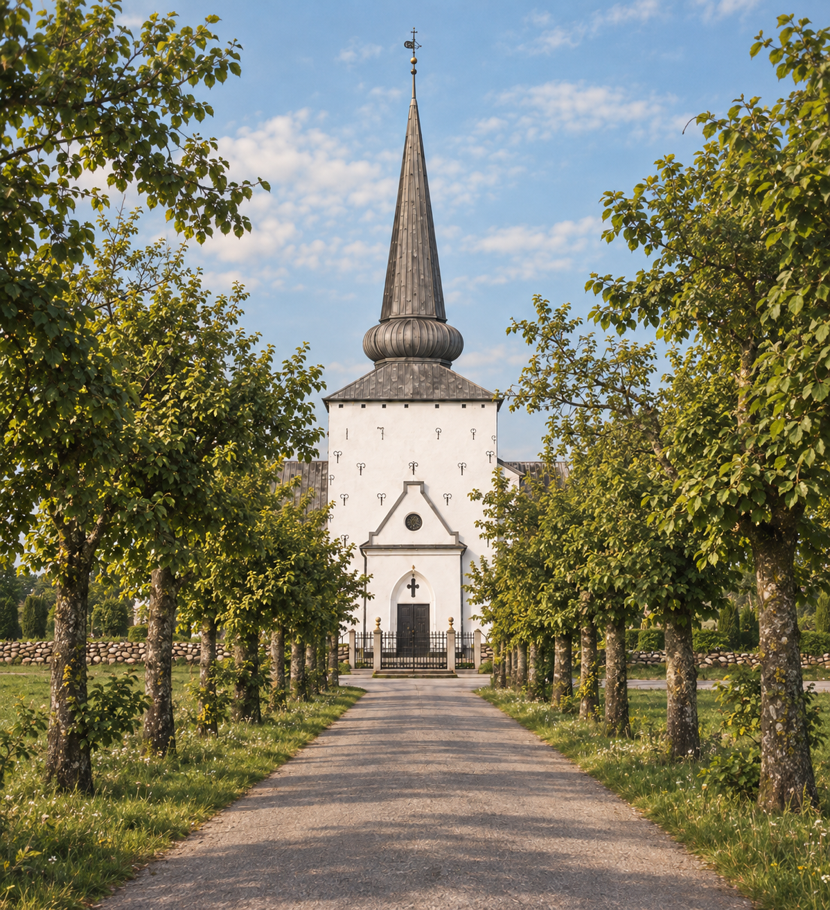 Vilstrup Kirke set fra den træomkransede allé
